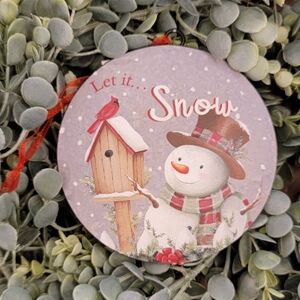 NEW GERSON LTD Let It Snow Metal Snowman Ornament with Red and White Accents